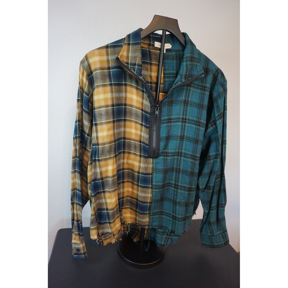 Gilded Intent Colorblock Plaid Flannel Quarter Zip Raw Hem Pullover Shirt M